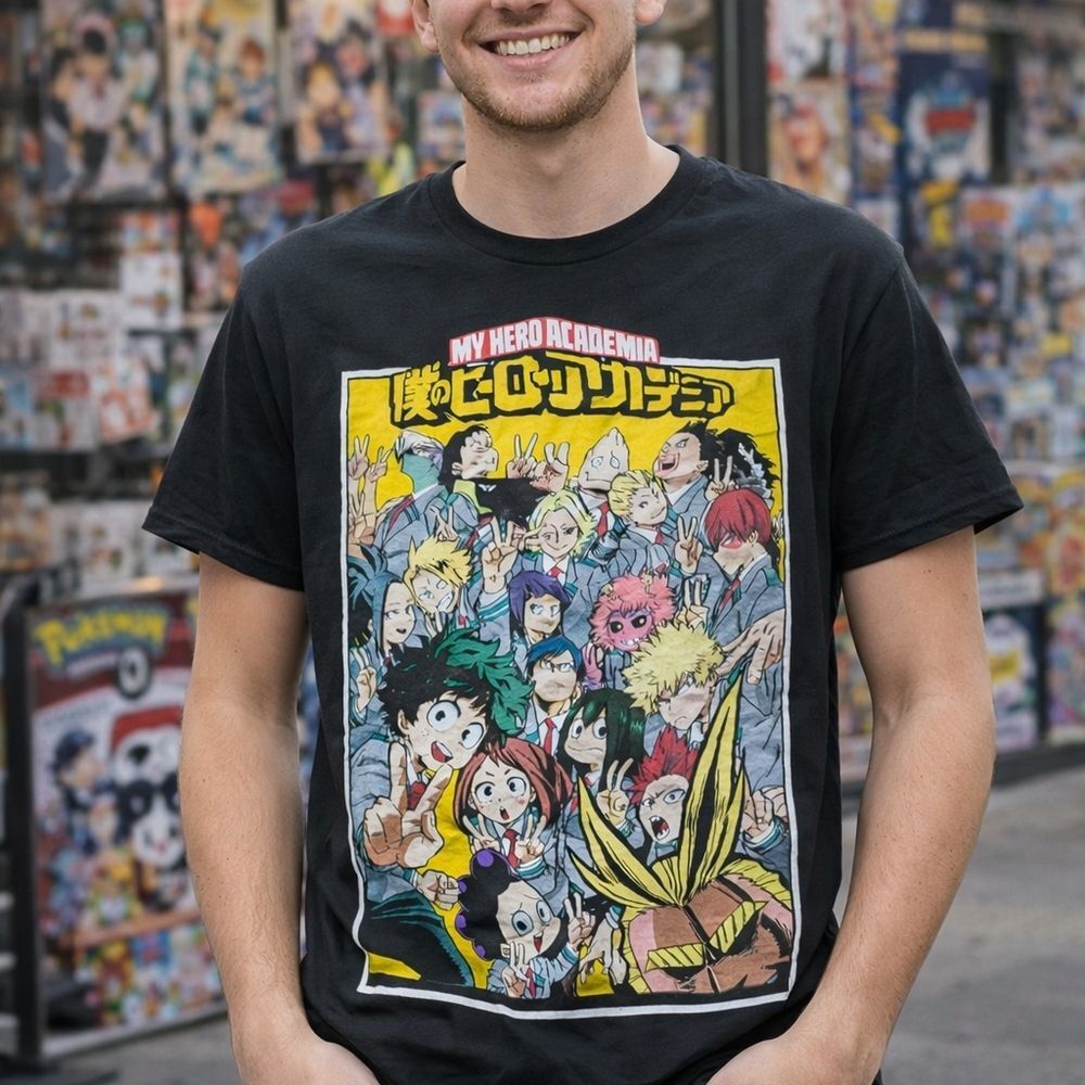 My Hero Academia Black Graphic Tee Shirt L Anime Group Print Cotton Funimation L